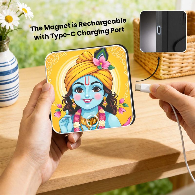 Lord Krishna Musical Fridge Magnet Spiritual Song Playing Frame Gift for Pooja Room, Office & Home Decor | Devotional Audio Player for Home, Temple & Meditation Peace & Positivity